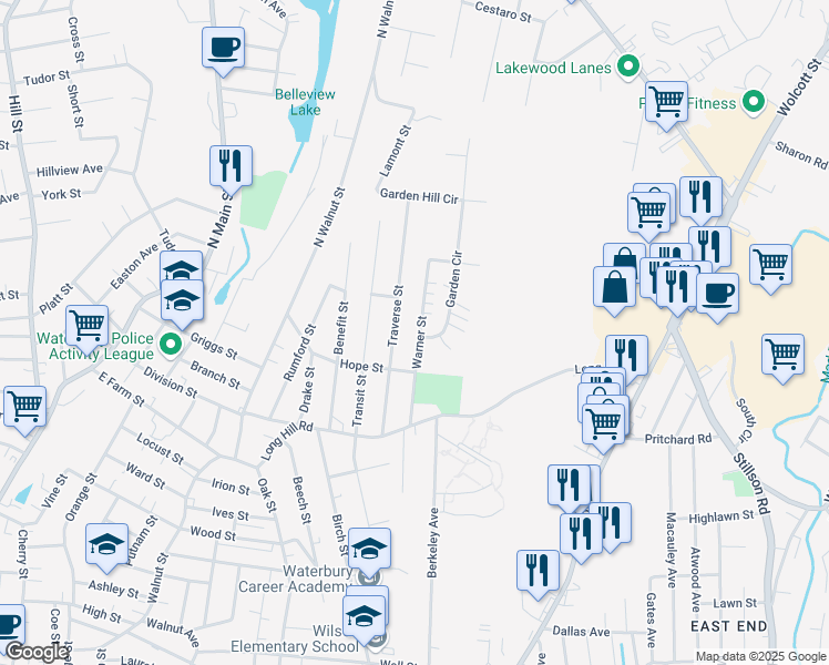 map of restaurants, bars, coffee shops, grocery stores, and more near 129 Warner Street in Waterbury