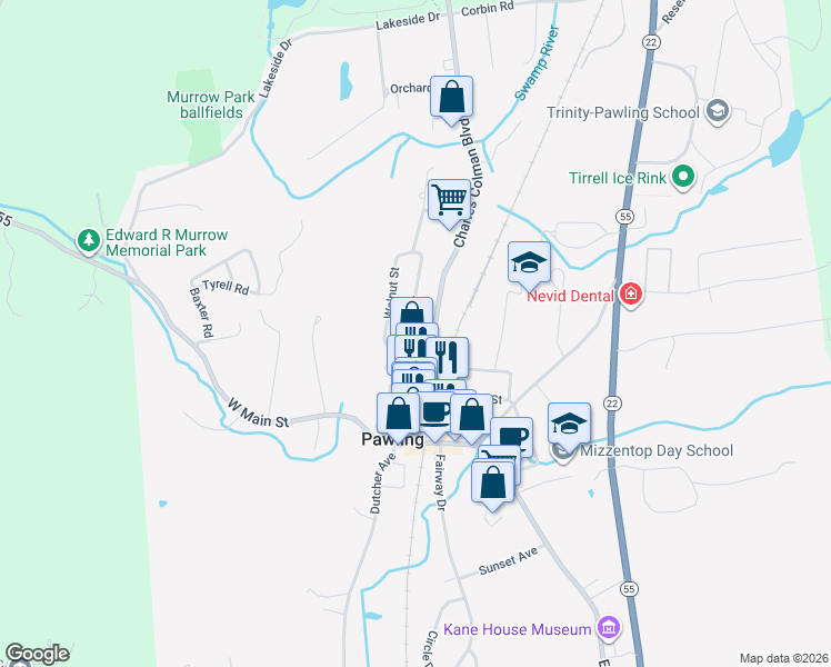 map of restaurants, bars, coffee shops, grocery stores, and more near 19 Elm Street in Pawling