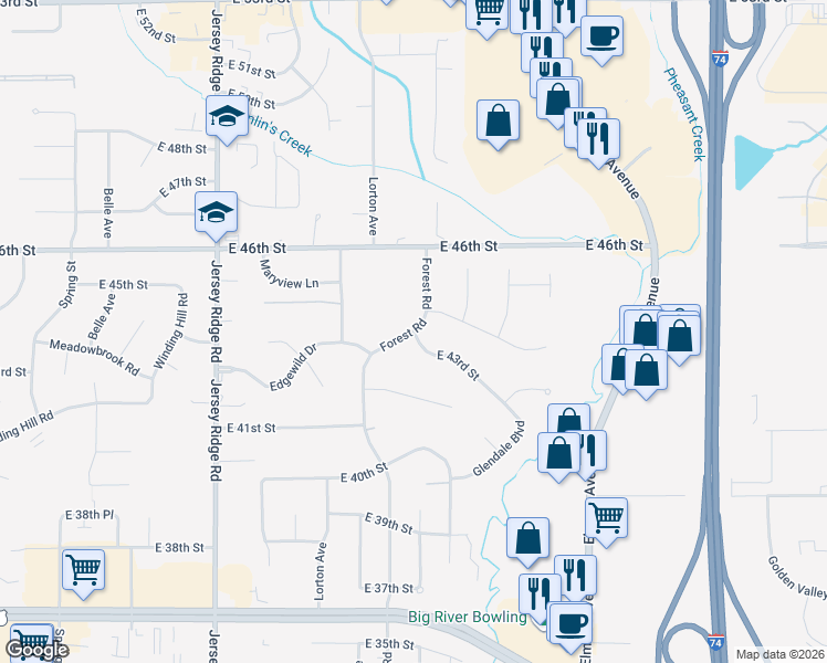 map of restaurants, bars, coffee shops, grocery stores, and more near 2801 East 43rd Street in Davenport