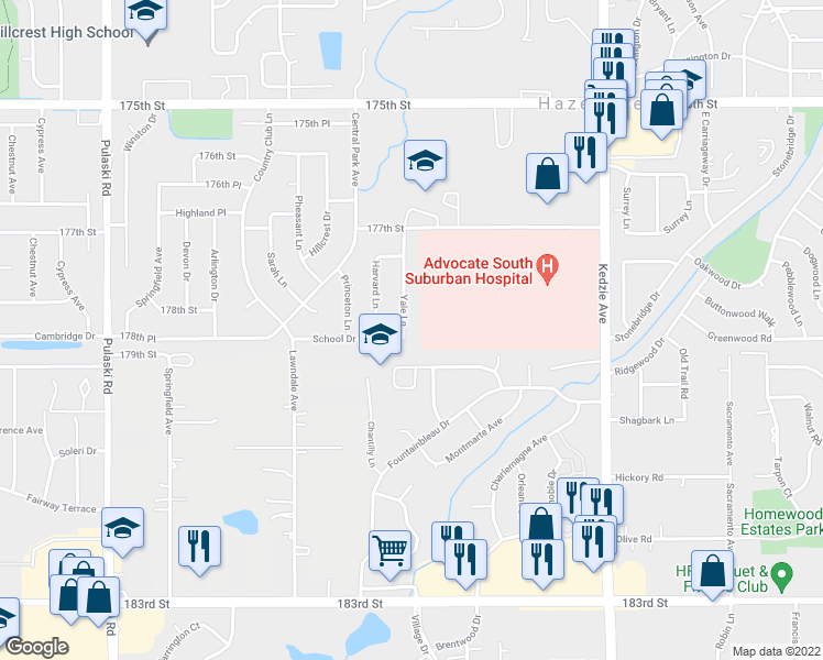 map of restaurants, bars, coffee shops, grocery stores, and more near 17871 Yale Lane in Country Club Hills