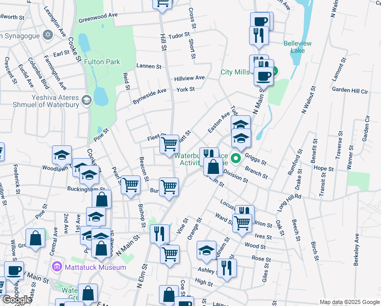 map of restaurants, bars, coffee shops, grocery stores, and more near 60 West Farm Street in Waterbury