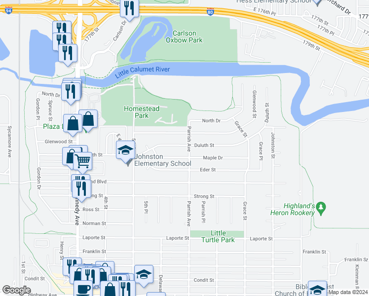 map of restaurants, bars, coffee shops, grocery stores, and more near 3144 Duluth Street in Highland