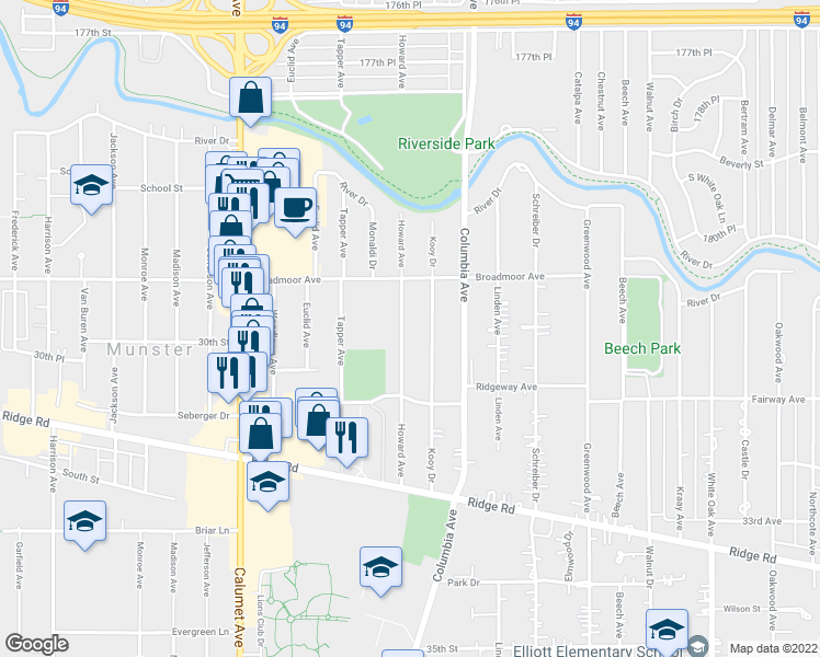 map of restaurants, bars, coffee shops, grocery stores, and more near 8143 Howard Avenue in Munster