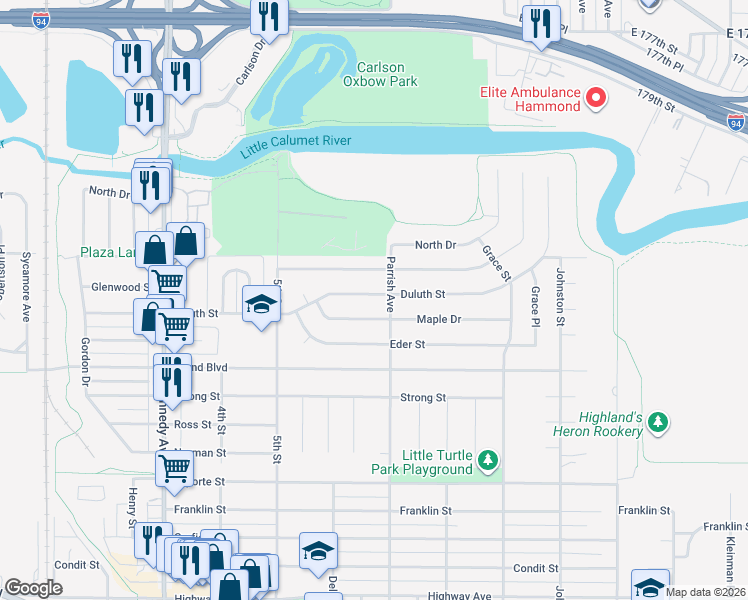 map of restaurants, bars, coffee shops, grocery stores, and more near 3128 Duluth Street in Highland