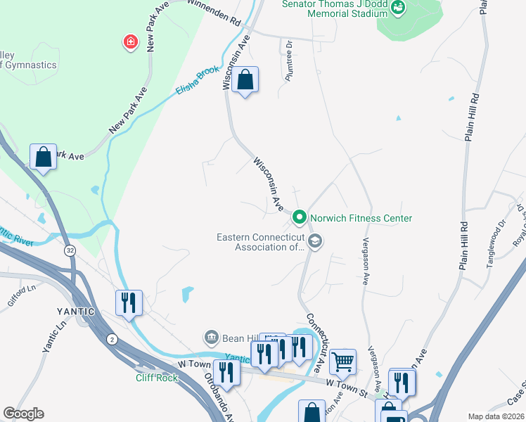 map of restaurants, bars, coffee shops, grocery stores, and more near Woods Drive in Norwich