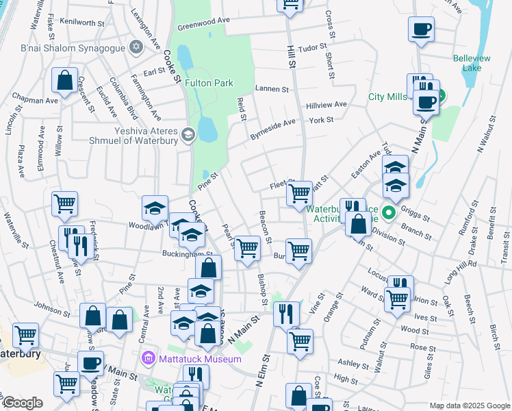 map of restaurants, bars, coffee shops, grocery stores, and more near 85 Beacon Street in Waterbury