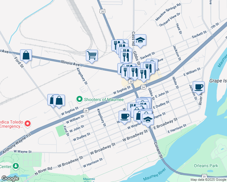 map of restaurants, bars, coffee shops, grocery stores, and more near 205 West Sophia Street in Maumee