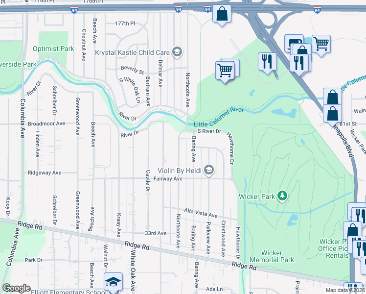 map of restaurants, bars, coffee shops, grocery stores, and more near 8141 Northcote Avenue in Munster