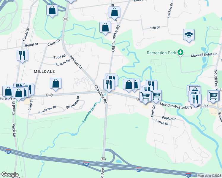 map of restaurants, bars, coffee shops, grocery stores, and more near 1315 Meriden-Waterbury Turnpike in Southington