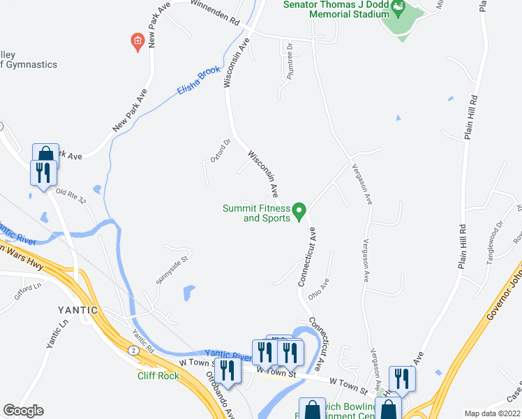 map of restaurants, bars, coffee shops, grocery stores, and more near 5 Woods Drive in Norwich