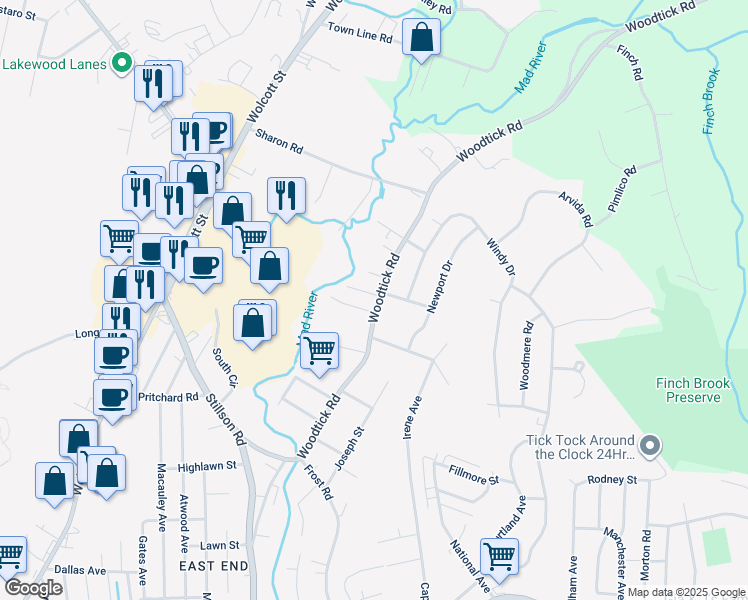 map of restaurants, bars, coffee shops, grocery stores, and more near 4 Blue Trail Drive in Waterbury
