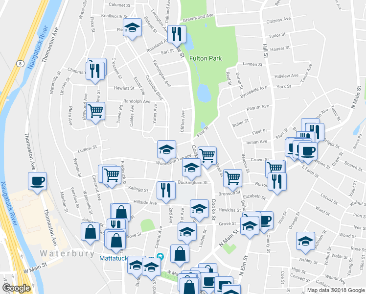map of restaurants, bars, coffee shops, grocery stores, and more near 14 Woodlawn Terrace in Waterbury