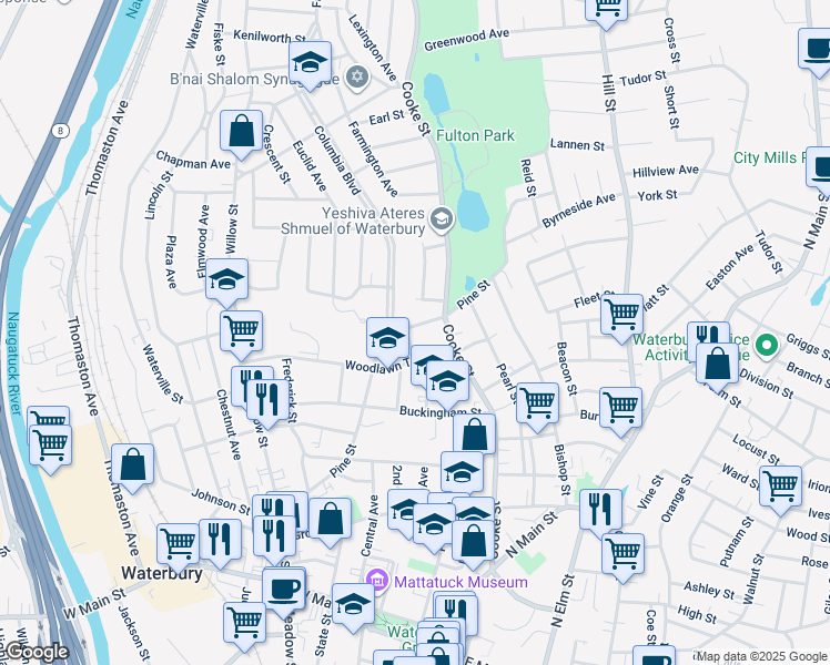 map of restaurants, bars, coffee shops, grocery stores, and more near 14 Woodlawn Terrace in Waterbury