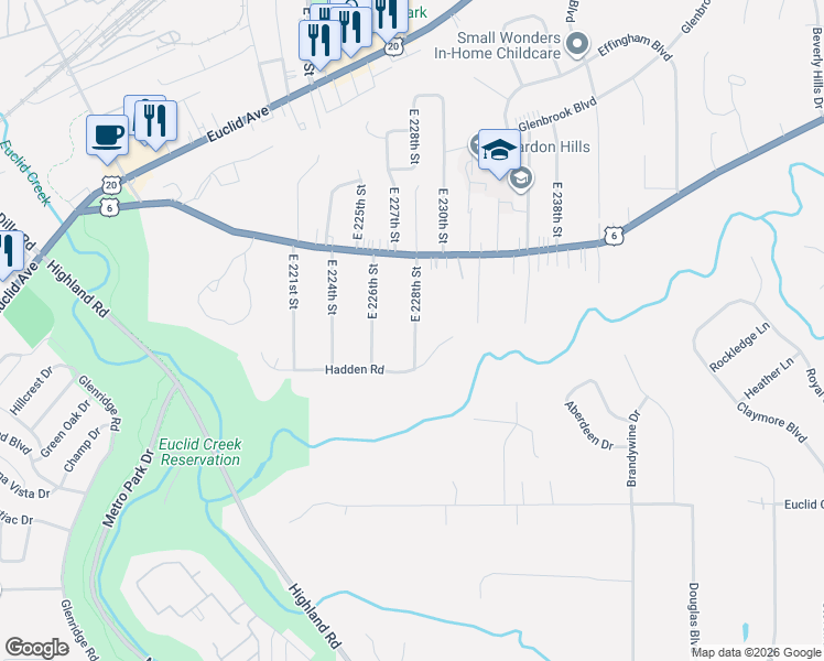 map of restaurants, bars, coffee shops, grocery stores, and more near 2047 East 228th Street in Euclid