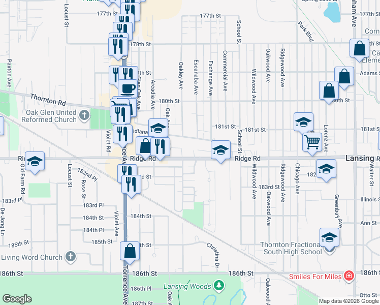 map of restaurants, bars, coffee shops, grocery stores, and more near 2610 182nd Place in Lansing