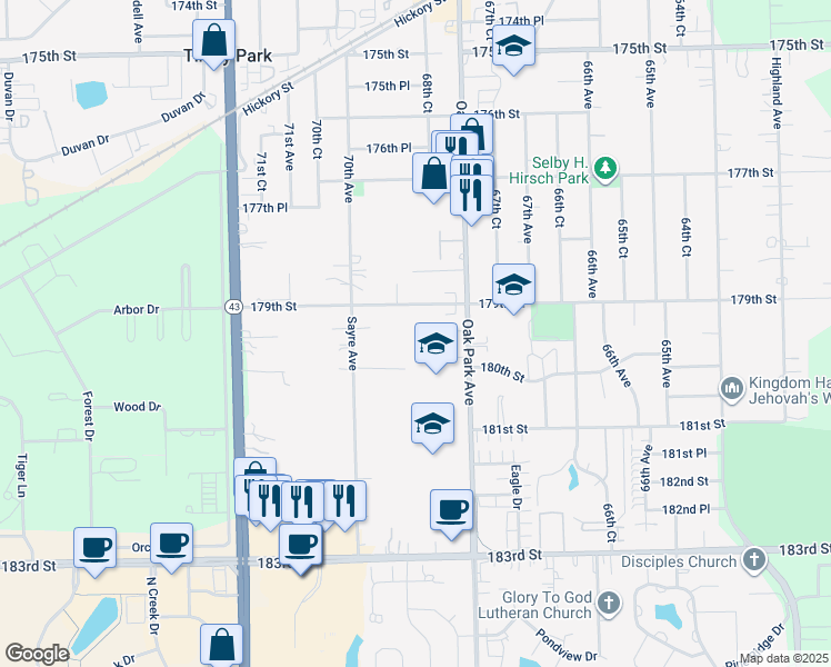 map of restaurants, bars, coffee shops, grocery stores, and more near 6843 179th Place in Tinley Park