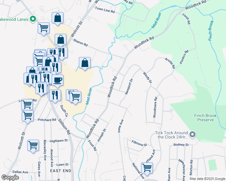 map of restaurants, bars, coffee shops, grocery stores, and more near 4 Blue Trail Drive in Waterbury