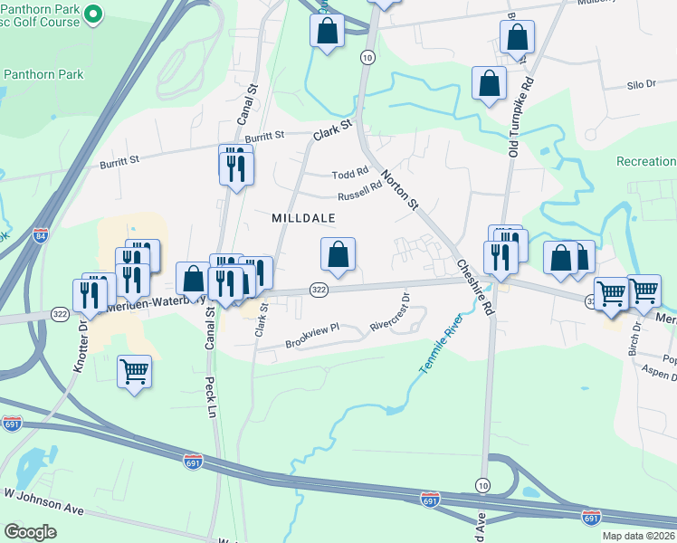 map of restaurants, bars, coffee shops, grocery stores, and more near 1519 Meriden-Waterbury Turnpike in Southington