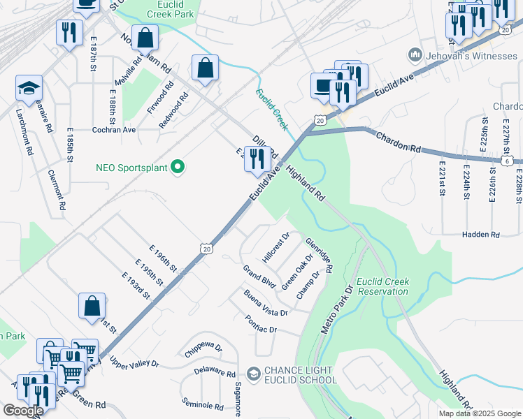 map of restaurants, bars, coffee shops, grocery stores, and more near 20240 Grand Boulevard in Euclid