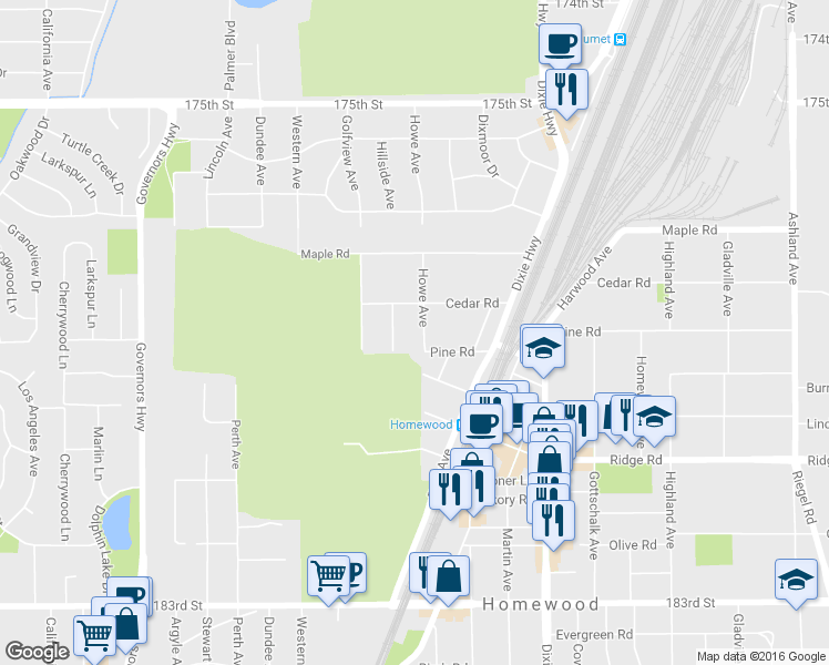 map of restaurants, bars, coffee shops, grocery stores, and more near 17846 Howe Avenue in Homewood