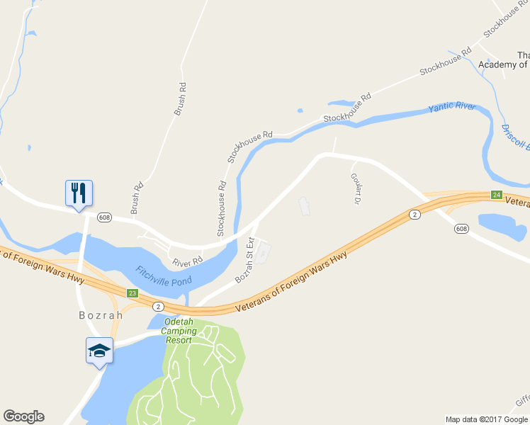 map of restaurants, bars, coffee shops, grocery stores, and more near 190 Fitchville Road in Bozrah