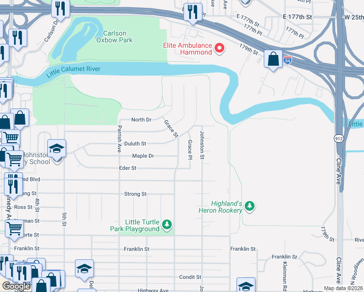 map of restaurants, bars, coffee shops, grocery stores, and more near 8142 Grace Street in Highland
