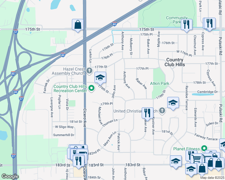 map of restaurants, bars, coffee shops, grocery stores, and more near 17840 John Avenue in Country Club Hills