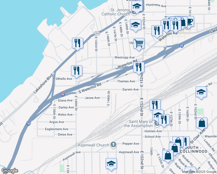 map of restaurants, bars, coffee shops, grocery stores, and more near 14523 Darwin Ave in Cleveland