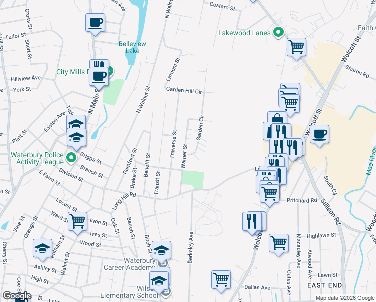 map of restaurants, bars, coffee shops, grocery stores, and more near 154 Warner Street in Waterbury