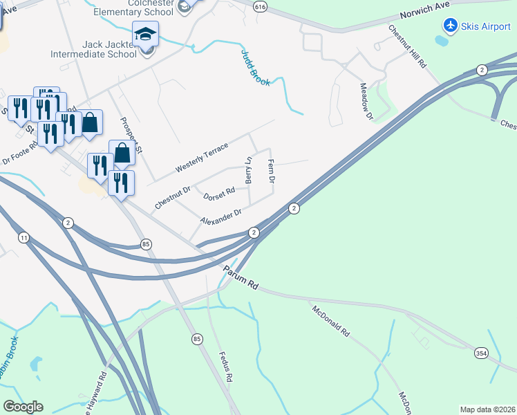 map of restaurants, bars, coffee shops, grocery stores, and more near 168 Alexander Drive in Colchester