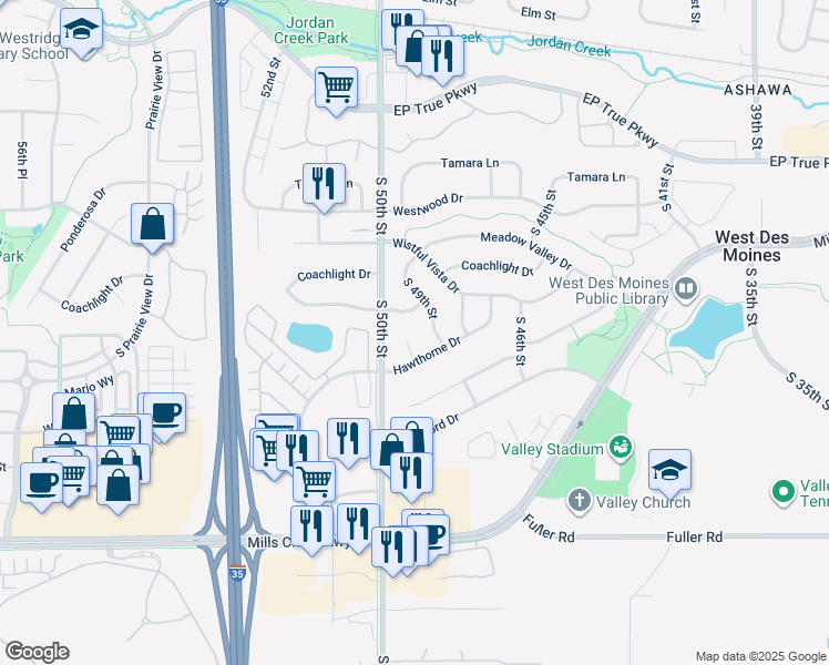 map of restaurants, bars, coffee shops, grocery stores, and more near 442 South 49th Court in West Des Moines