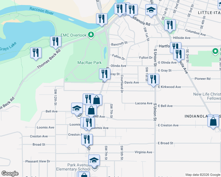 map of restaurants, bars, coffee shops, grocery stores, and more near 717 Kirkwood Avenue in Des Moines