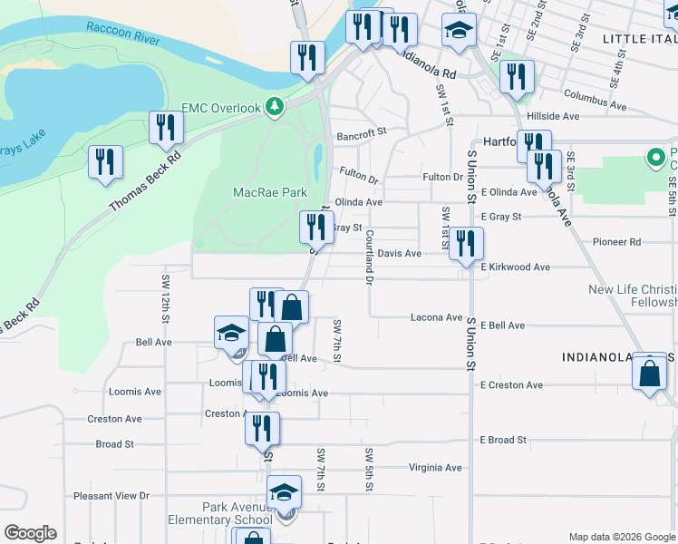 map of restaurants, bars, coffee shops, grocery stores, and more near 717 Kirkwood Avenue in Des Moines