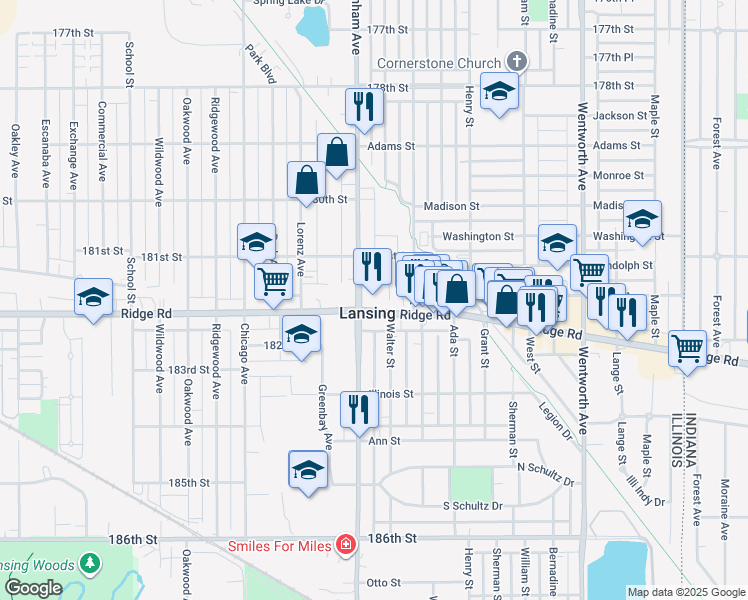 map of restaurants, bars, coffee shops, grocery stores, and more near 3224 Ridge Road in Lansing