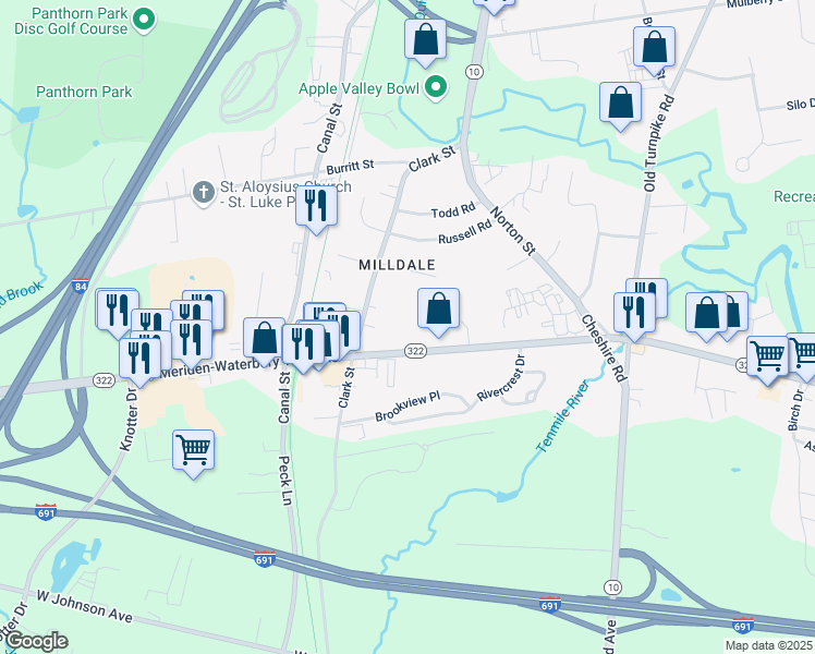 map of restaurants, bars, coffee shops, grocery stores, and more near 58 Wyndcrest Court in Southington