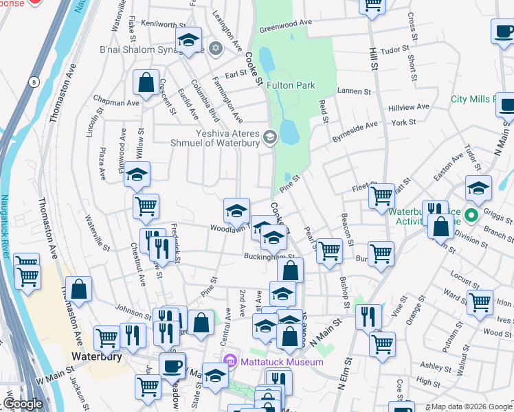map of restaurants, bars, coffee shops, grocery stores, and more near 268 Pine Street in Waterbury