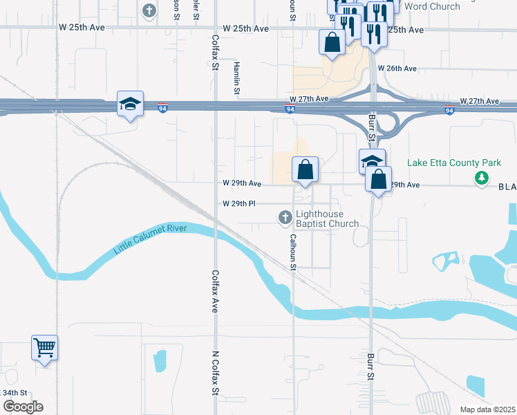 map of restaurants, bars, coffee shops, grocery stores, and more near 5845 West 29th Place in Gary