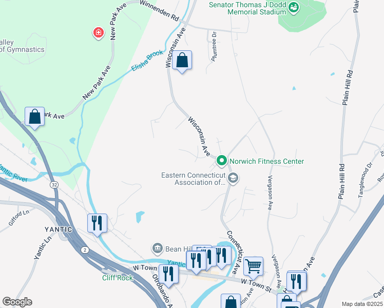 map of restaurants, bars, coffee shops, grocery stores, and more near 5 Woods Drive in Norwich