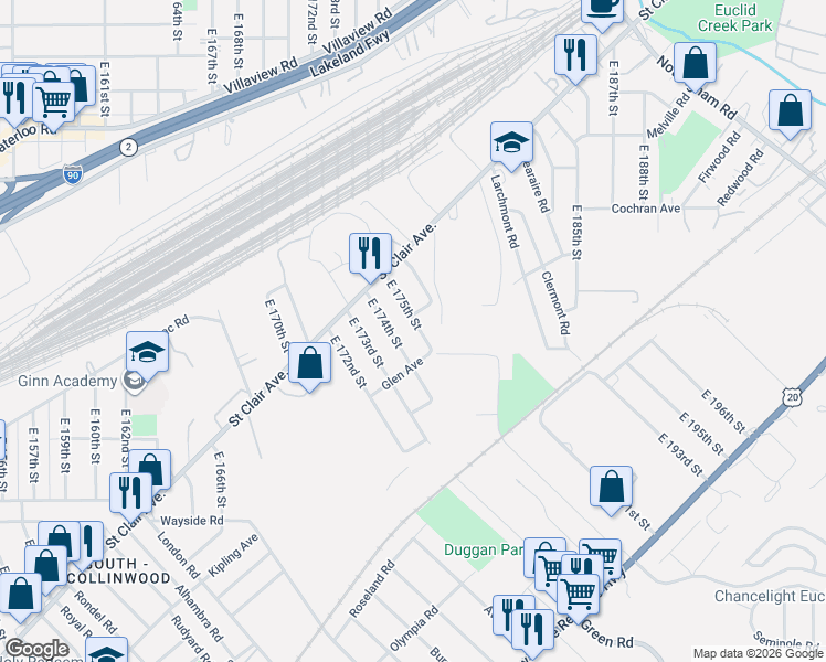 map of restaurants, bars, coffee shops, grocery stores, and more near 1482 East 175th Street in Cleveland