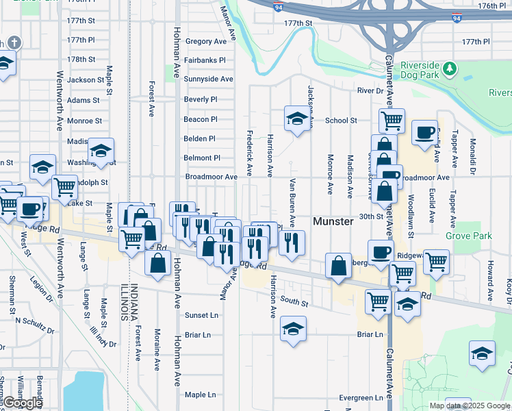 map of restaurants, bars, coffee shops, grocery stores, and more near 8147 Frederick Avenue in Munster