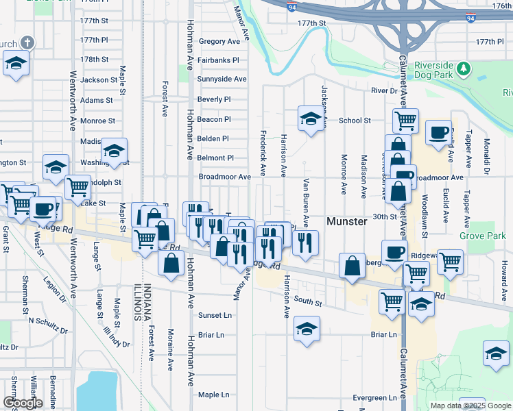 map of restaurants, bars, coffee shops, grocery stores, and more near 8147 Frederick Avenue in Munster