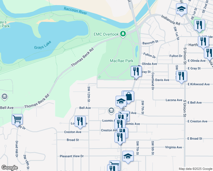 map of restaurants, bars, coffee shops, grocery stores, and more near 1109 Kirkwood Avenue in Des Moines