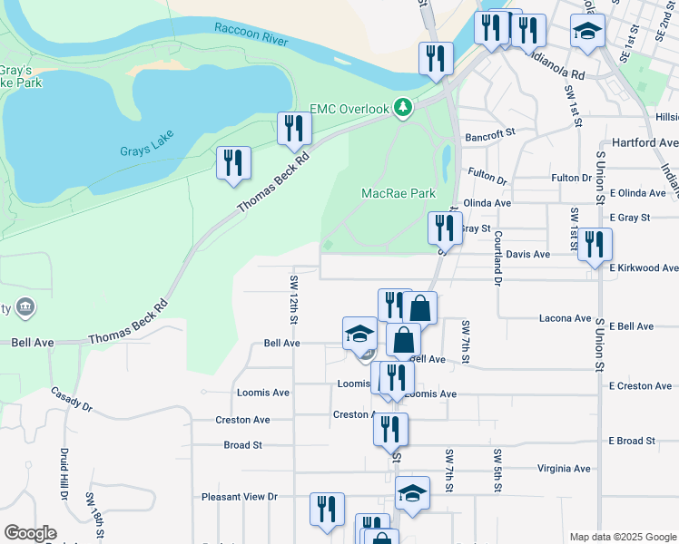 map of restaurants, bars, coffee shops, grocery stores, and more near 1109 Kirkwood Avenue in Des Moines