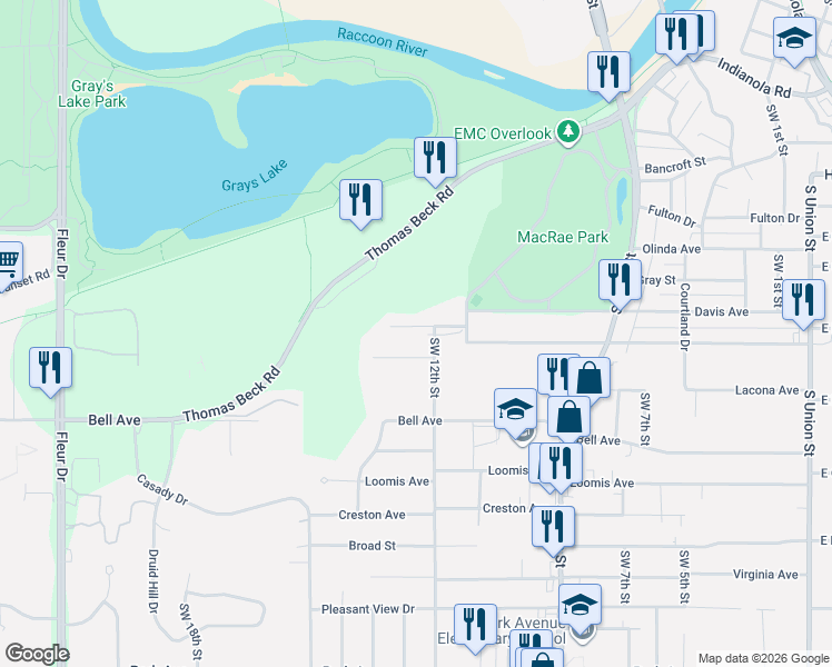 map of restaurants, bars, coffee shops, grocery stores, and more near 1216 Davis Avenue in Des Moines