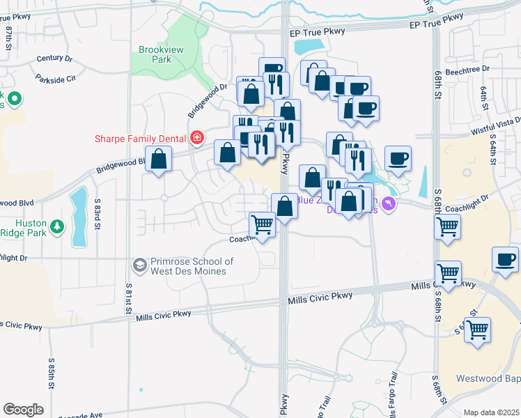 map of restaurants, bars, coffee shops, grocery stores, and more near 7610408 South 76th Street in West Des Moines