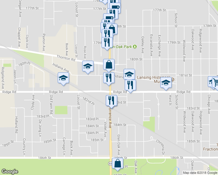 map of restaurants, bars, coffee shops, grocery stores, and more near 18156 Torrence Ave in Lansing