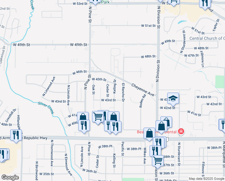 map of restaurants, bars, coffee shops, grocery stores, and more near 4327 Cedar Street in Davenport