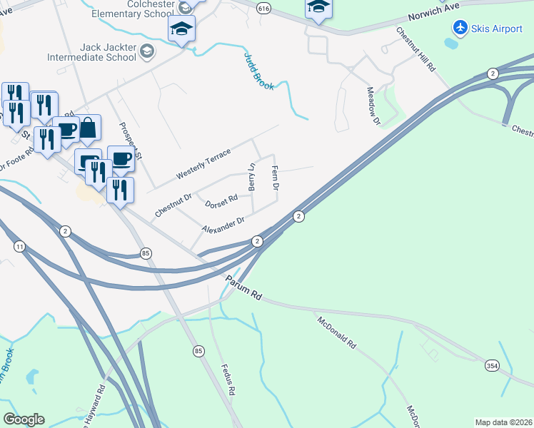 map of restaurants, bars, coffee shops, grocery stores, and more near 168 Alexander Drive in Colchester