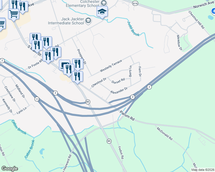 map of restaurants, bars, coffee shops, grocery stores, and more near 52 Alexander Drive in Colchester