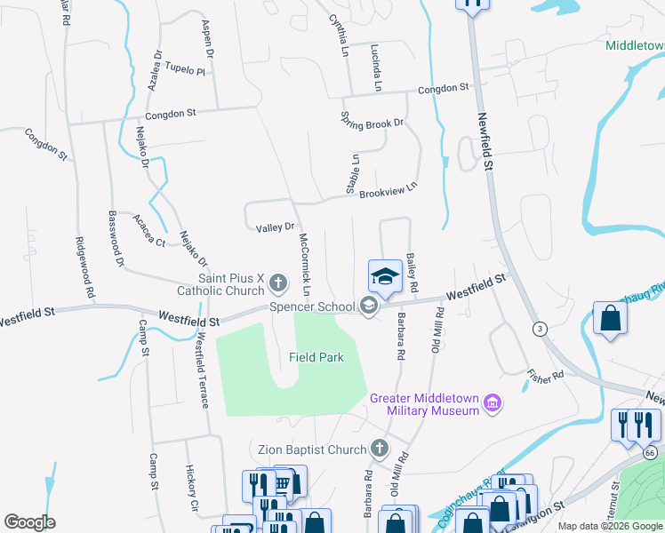 map of restaurants, bars, coffee shops, grocery stores, and more near 76 Westmont Drive in Middletown
